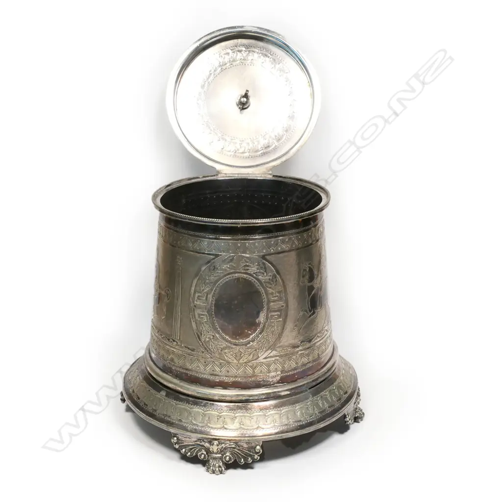 Heinrich Kohn retailed late Victorian silver plate biscuit barrel, Image 1++